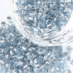 Grado a perline di semi di vetro, esagono (due tagli), argento rivestito, ciano chiaro, 1.5~2.5x1.5~2mm, Foro: 0.8 mm, circa 2100pcs/scatola, 450 g / borsa