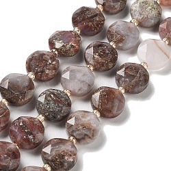 Chapelets de perles en agate de feu naturel, avec des perles de rocaille, coupe hexagonale facettée, plat rond, 12~12.5x5~6mm, Trou: 1.2~1.4mm, Environ 27~29 pcs/chapelet, 15.55~15.75 pouce (39.5~40 cm)