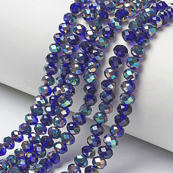 Electroplate Glass Beads Strands, Half Plated, Rainbow Plated, Faceted, Rondelle, Blue, 6x5mm, Hole: 1mm, about 85~88pcs/strand, 16.1~16.5 inch(41~42cm)