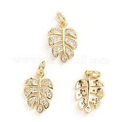 Brass Micro Pave Cubic Zirconia Pendants, Tropical Leaf Charms, with Jump Ring, Monstera Leaf, Clear, Golden, 14.5x9.5x2mm, Hole: 3mm