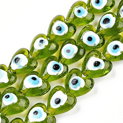 Corazón el mal de ojo hebras de abalorios de murano, verde amarillo, 13~15x15x9mm, agujero: 2 mm, aproximamente 24 pcs / cadena, 11.4 pulgada
