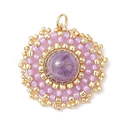 Natural Amethyst Flat Round Pendants, Woven Handmade Japanese Seed Bead Charms, 27.5~28x25~25.5x8.5mm, Hole: 3.5mm
