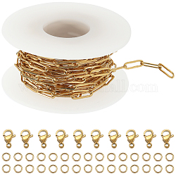 SUNNYCLUE 1 Roll 16.4Feet/5m Stainless Steel Paperclip Chain Bulk 12x4mm Golden Paper Clip Chains Links Real 18K Gold Plated 10Pcs Lobster Clasps 30Pcs Open Jump Rings for Jewelry Making Supplies