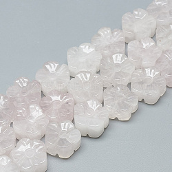 Carved Natural Rose Quartz Beads Strands, Plum Blossom, 13~14x13~14x7~8mm, Hole: 1mm, about 16pcs/strand, 8.2 inch~8.6 inch