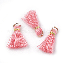 Polycotton(Polyester Cotton) Tassel Pendant Decorations, Mini Tassel, with Iron Findings and Metallic Cord, Light Gold, Light Coral, 10~15x2~3mm, Hole: 1.5mm