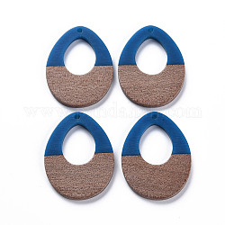 Ciondoli in resina opaca e legno di noce, Two Tone, lacrima, blu royal, 37x28.5x3mm, Foro: 2 mm