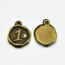 Antique Bronze Plated Alloy Rhinestone Charms, Flat Round with Num.1, Nickel Free, 13x10x1.5mm, Hole: 1mm