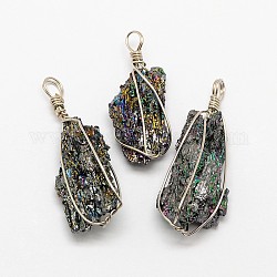 Raw Rough Electroplate Natural Ore Wire Wrapped Pendants, with Platinum Brass Findings, Irregular Nuggets, 46~80x19~35x10~25mm, Hole: 6x4mm
