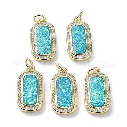 Rack Plating Brass Micro Pave Cubic Zirconia Pendants, Synthetic Opal Rectangle Charms with Jump Ring, Cadmium Free & Lead Free, Long-Lasting Plated, Real 18K Gold Plated, Cyan, 20.5x10x3mm, Hole: 3.5mm