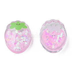 Printed Transparent Epoxy Resin Cabochons, with Paillettes, Strawberry, Pearl Pink, 17.5x14x6mm