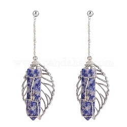 Natural Sodalite Bullet & Leaf Dangle Stud Earrings, Wire Wrapped Gemstone Jewelry for Women, Stainless Steel Color, 70mm, Pin: 0.7mm