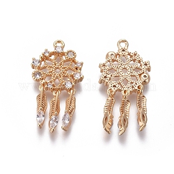 Brass Cubic Zirconia Pendants, Woven Net/Web with Feather Patter, Real 18K Gold Plated, 27x14x2.5mm, Hole: 1.4mm