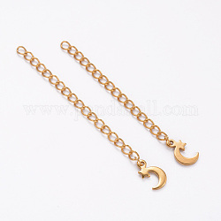Ion Plating(IP) 304 Stainless Steel Chain Extender, with Moon Charms, Golden, 62~70mm, Ring: 4x3x0.5mm