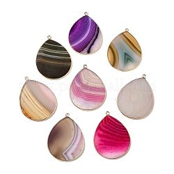 Natural Agate Pendants, with Brass Findings, Teardrop, Golden, Mixed Color, Dyed & Heated, 41~41.5x32x2mm, Hole: 1.5mm
