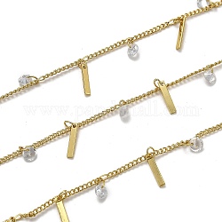 Handmade Brass Curb Chains, with Clear Cubic Zirconia, Spool, Long-Lasting Plated, Soldered, Golden, Links: 1.9x1.6x0.8mm, Charm: 10x1.9x0.7mm and 2.4x4mm