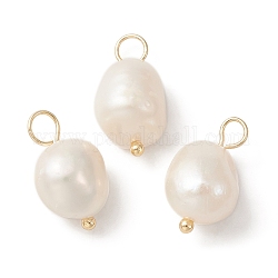 D'acqua dolce naturale ciondoli perla, ciondoli a forma di patate con anelli in ottone placcato oro, bianco floreale, 16~17x8~9x8~8.5mm, Foro: 2.5~3 mm