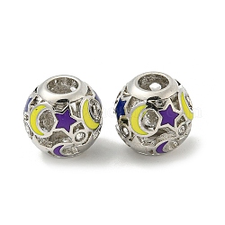 Legierung Schmelz europäischen Perlen, mit Strass, Großloch perlen, Runde mit Stern & Mond, Platin Farbe, 14x12.5 mm, Bohrung: 5 mm