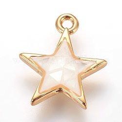 Brass Enamel Charms, with Freshwater Shell, Star, Golden, Floral White, 13x11x2.5mm, Hole: 1.2mm