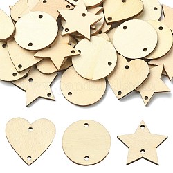 30 pz 3 stili di connettori in legno non finiti non tinti, maglie piatte rotonde, a forma di cuore e stella, mandorle sbollentate, 29.5~30x30~31x2.5mm, Foro: 2~2.5 mm, 10pcs / style