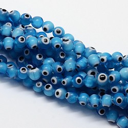 Chapelets de perle rondes au mauvais œil manuelles, Dodger bleu, 6mm, Trou: 1mm, Environ 65 pcs/chapelet, 14.17 pouce
