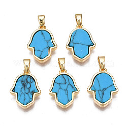 Real 18K Gold Plated Brass Pendants, with Synthetic Gemstone Cabochons, Cadmium Free & Nickel Free & Lead Free, Hamsa Hand/Hand of Miriam, Buddhist Theme, Turquoise, 17x12x3mm, Hole: 2.5x5mm