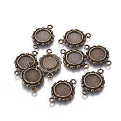 Tibetischer Stil Verbinder Lünette Fassungen für Cabochon , cadmiumfrei und bleifrei, Antik Bronze, flache runde Schale: 9.5 mm, 23x15x2 mm, Bohrung: 2 mm