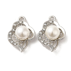 Lega con pendenti in strass, con abs imitazione perla, charms foglia, platino, 21.5x15x8mm, Foro: 1.6 mm