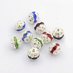 Perles en laiton de strass, Grade a, couleur argentée, ronde, couleur mixte, 8mm, Trou: 1mm