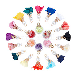 SUNNYCLUE Flower Iron Pendants, with Cloth and ABS Plastic Imitation Pearl, Glass Ball Pendants, with Rhinestone and CCB Plastic Findings, Mixed Color, 60pcs/set