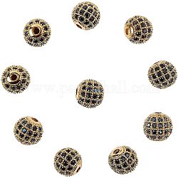 Perles de zircone cubique de placage de rack en laiton, Plaqué longue durée, ronde, or, noir, 8x7mm, Trou: 2mm, 10 pcs / boîte