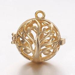 Латунные подвески с ажурной резьбой, для ожерелья, полый круглый с деревом жизни, золотые, 17x17.5x15 мм, отверстия: 1 mm, Внутренний диаметр: 11.5 mm