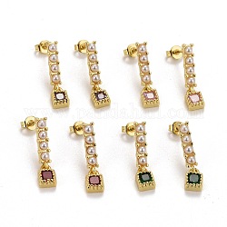 Rack Plating Brass Micro Pave Cubic Zirconia Stud Earrings, with Plastic Imitation Pearls, Long-Lasting Real 18K Gold Plated, Lead Free & Cadmium Free, Rectangle with Square, Mixed Color, 21.5x3.5~5mm, Pin: 0.7mm