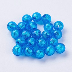 Perles vernissées de feuille en argent manuelles, ronde, bleu deepsky, 9.5~10mm, Trou: 1.5~2mm