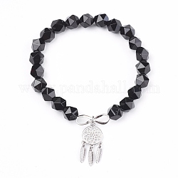Natürliche schwarze Achat Perlen Charme Armbänder, mit Messing-Zubehör, gewebtes Netz mit Feder, 2 Zoll (5.2 cm), Anhänger: 24x10.5x2 mm