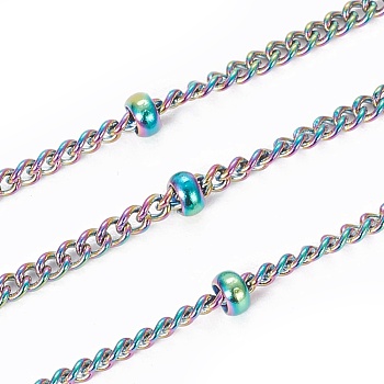Ion Plating(IP) 304 Stainless Steel Curb Chains, Satellite Chains, with Spool and Beads, Soldered, Rainbow Color, 2.5x1.5x1mm, about 32.8 Feet(10m)/roll