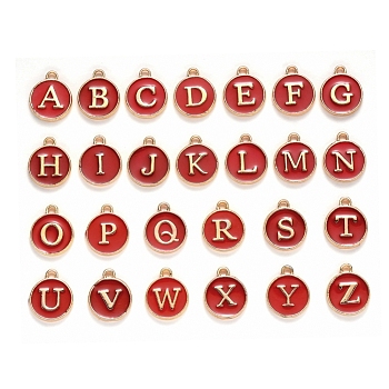 Anfangsbuchstabe a~z Alphabet Emaille Charms, flache runde Scheibe doppelseitige Charms, vergoldete emaillierte Pailletten-Legierungs-Charms, dunkelrot, 14x12x2 mm, Bohrung: 1.5 mm, 26 Stück / Set