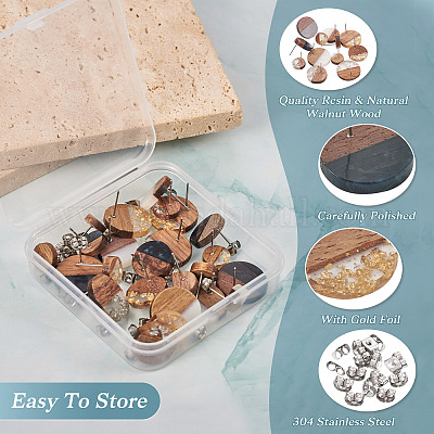 24 шт. 12 стильных плоских круглых серег-гвоздиков из смолы и орехового дерева со штифтом из нержавеющей стали 304 для женщин EJEW-TA0001-20-1