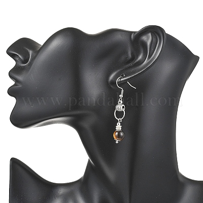 Круглые серьги-подвески из натурального тигрового глаза EJEW-JE06809-1