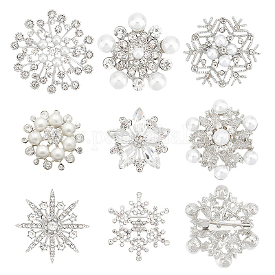 8 шт. 8 стиля брошь-булавка в виде снежинки со стразами и искусственным жемчугом JEWB-BC0001-06-1