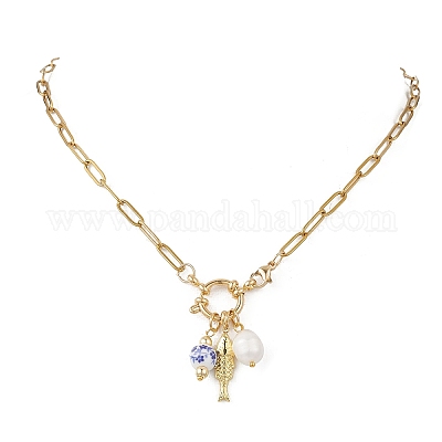 Женские ожерелья с подвесками в виде рыбок и искусственного жемчуга из белого и голубого фарфора и нержавеющей стали 304 NJEW-JN05650-1