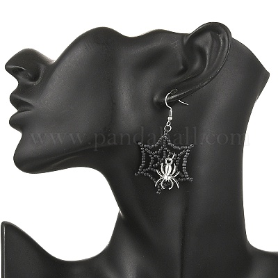 Тематика хэллоуина паутина с пауком серьги ручной работы из стеклянных бусин EJEW-MZ00481-01-1