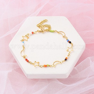 Браслеты из латуни со звездами и луной для женщин BJEW-S157-01G-1