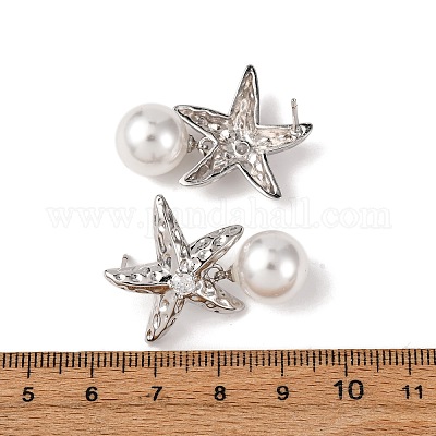 Серьги-гвоздики в форме морской звезды с микропаве из латуни и прозрачными кубическими цирконами EJEW-H165-03B-P-1