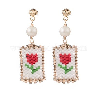 Серьги-гвоздики с натуральным жемчугом и стеклянными семенами цветок жизни EJEW-MZ00014-01-1