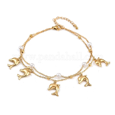 Браслеты на ногу из нержавеющей стали 304 с акриловыми бусинами в виде дельфинов для женщин AJEW-G069-01G-1