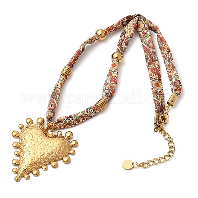 Женские ожерелья с подвеской в виде сердца из нержавеющей стали 304 с напечатанной шелковой лентой NJEW-A063-11G-1