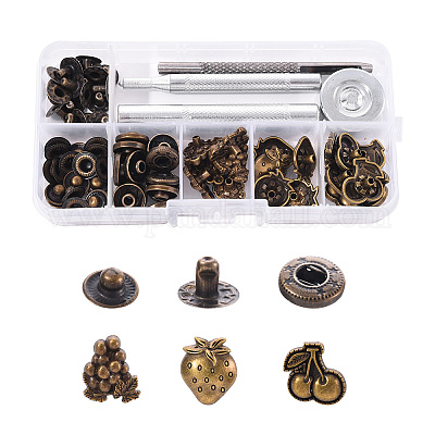 Wholesale 18 Sets Cherry & Grape & Strawberry Brass Leather Snap Buttons  Fastener Kits 