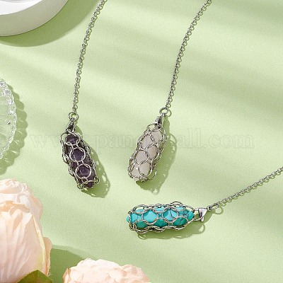 304 нержавеющая сталь цепь макраме мешочек пуля натуральный розовый кварц и аметист и синтетическая бирюза держатель маятники для лозоходства PALLOY-JF02881-1