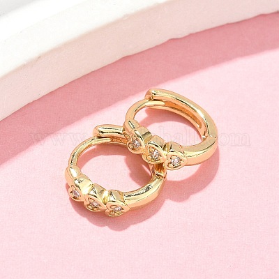 Серьги-кольца из латуни с микропаве и прозрачным кубическим цирконием в форме сердца EJEW-Z102-29G-1