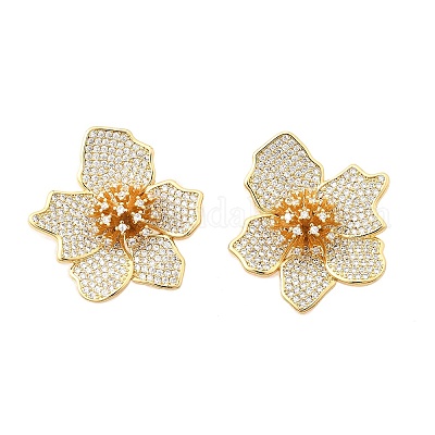 Серьги-гвоздики в форме цветка из латуни с прозрачным кубическим цирконием EJEW-C147-02G-1